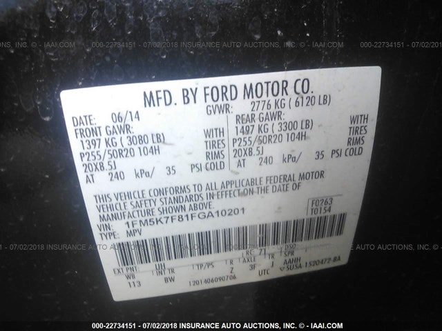 1FM5K7F81FGA10201 - 2015 FORD EXPLORER LIMITED BLACK photo 9