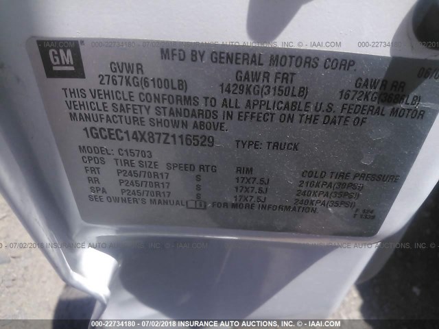 1GCEC14X87Z116529 - 2007 CHEVROLET SILVERADO C1500 CLASSIC WHITE photo 9