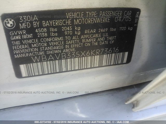 WBAVB335X6KR73616 - 2006 BMW 330 I WHITE photo 9