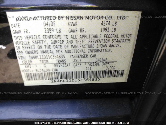 1N4BL11D15C364835 - 2005 NISSAN ALTIMA SE/SL/SE-R BLACK photo 9