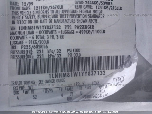 1LNHM81W1YY837132 - 2000 LINCOLN TOWN CAR EXECUTIVE Белый фото 9