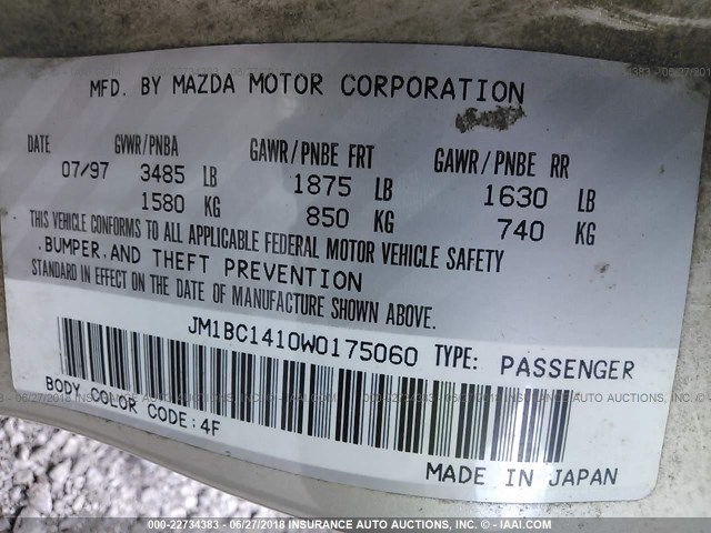 JM1BC1410W0175060 - 1998 MAZDA PROTEGE DX/LX/ES TAN photo 9