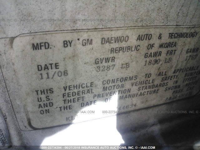 KL1TD66607B744834 - 2007 CHEVROLET AVEO LS WHITE photo 9