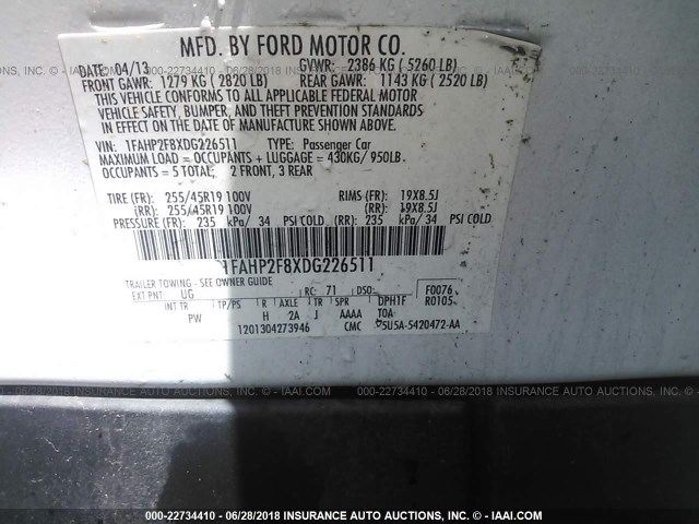 1FAHP2F8XDG226511 - 2013 FORD TAURUS LIMITED WHITE photo 9