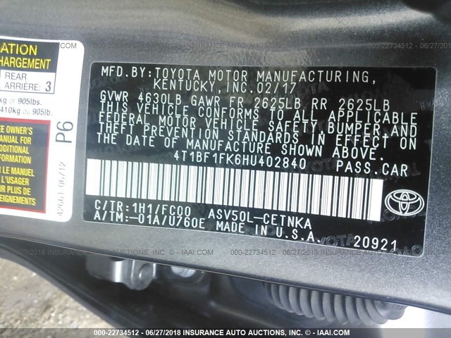 4T1BF1FK6HU402840 - 2017 TOYOTA CAMRY LE/XLE/SE/XSE 灰色 照片 9