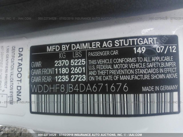 WDDHF8JB4DA671676 - 2013 MERCEDES-BENZ E 350 4MATIC WHITE photo 9