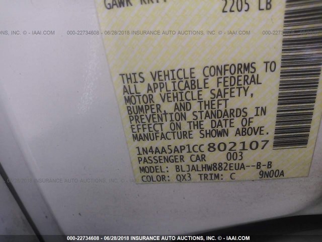 1N4AA5AP1CC802107 - 2012 NISSAN MAXIMA S/SV 白色 照片 9