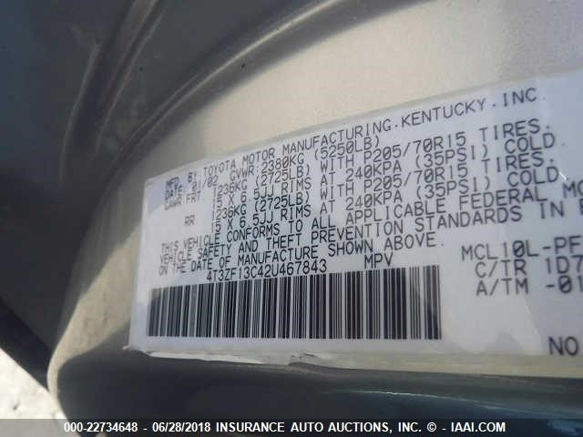 4T3ZF13C42U467843 - 2002 TOYOTA SIENNA LE/XLE SILVER photo 9