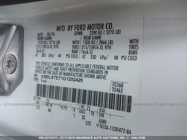 NM0LS7E71G1292426 - 2016 FORD TRANSIT CONNECT XL WHITE photo 9