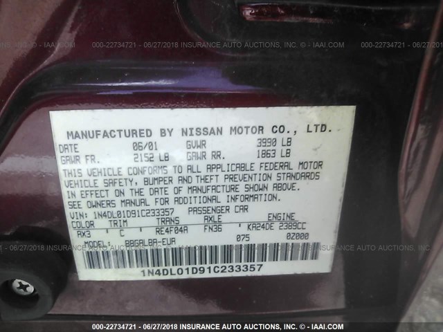 1N4DL01D91C233357 - 2001 NISSAN ALTIMA XE/GXE/SE RED photo 9