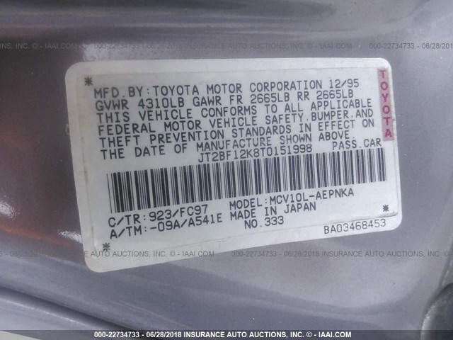 JT2BF12K8T0151998 - 1996 TOYOTA CAMRY LE/XLE/SE 灰色 照片 9