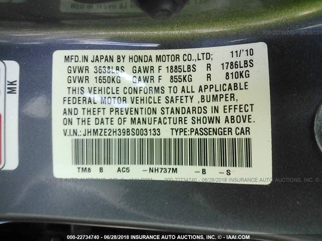 JHMZE2H39BS003133 - 2011 HONDA INSIGHT GRAY photo 9