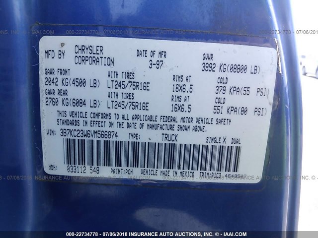 3B7KC23W6VM566874 - 1997 DODGE RAM 2500 BLUE photo 9