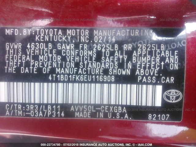 4T1BD1FK6EU116908 - 2014 TOYOTA CAMRY HYBRID/LE/XLE 红色 照片 9