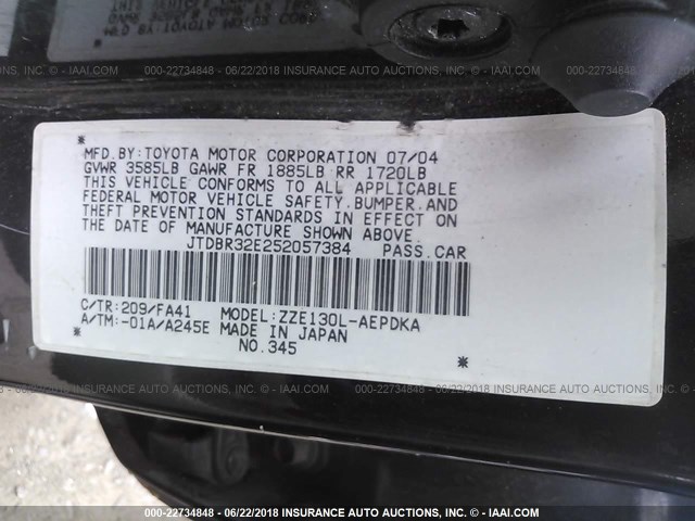 JTDBR32E252057384 - 2005 TOYOTA COROLLA CE/LE შავი ფოტო 9