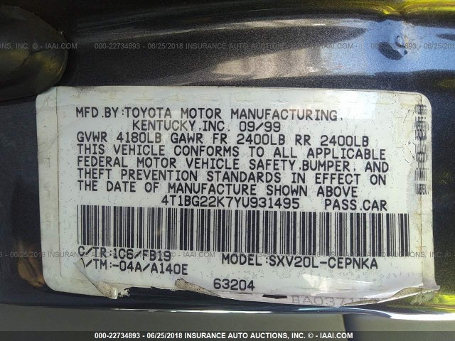 4T1BG22K7YU931495 - 2000 TOYOTA CAMRY CE/LE/XLE GRAY photo 9