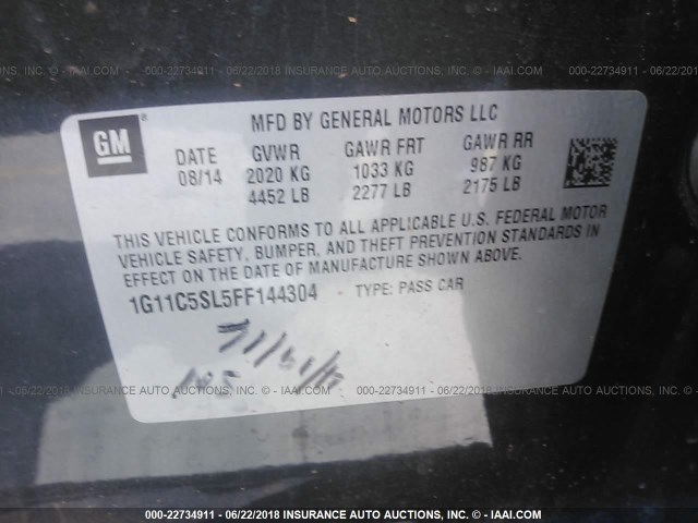 1G11C5SL5FF144304 - 2015 CHEVROLET MALIBU 1LT 灰色 照片 9