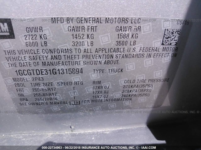 1GCGTDE31G1315894 - 2016 CHEVROLET COLORADO Z71 SILVER photo 9