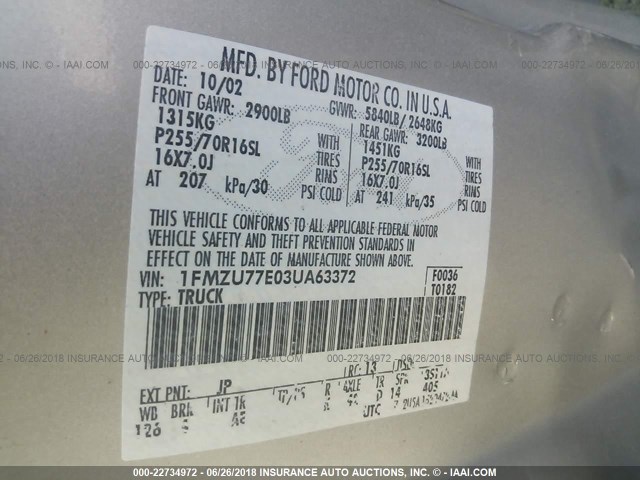 1FMZU77E03UA63372 - 2003 FORD EXPLORER SPORT TR  SILVER photo 9