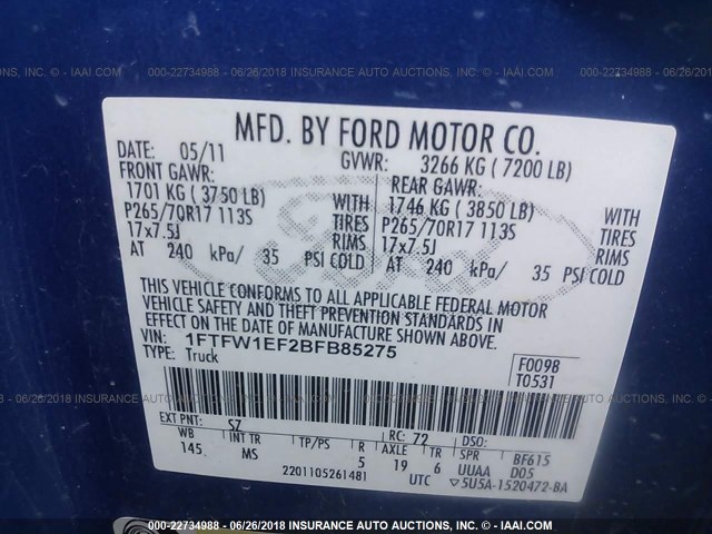 1FTFW1EF2BFB85275 - 2011 FORD F150 SUPERCREW BLUE photo 9