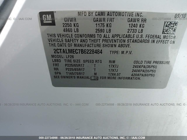 2CTALMEC7B6228484 - 2011 GMC TERRAIN SLE WHITE photo 9