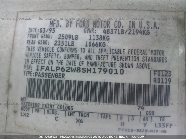 1FALP62W8SH179010 - 1995 FORD THUNDERBIRD LX WHITE photo 9