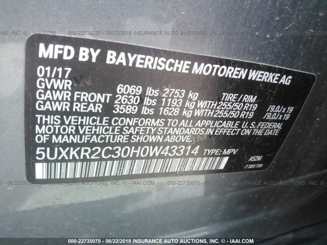 5UXKR2C30H0W43314 - 2017 BMW X5 SDRIVE35I GRAY photo 9