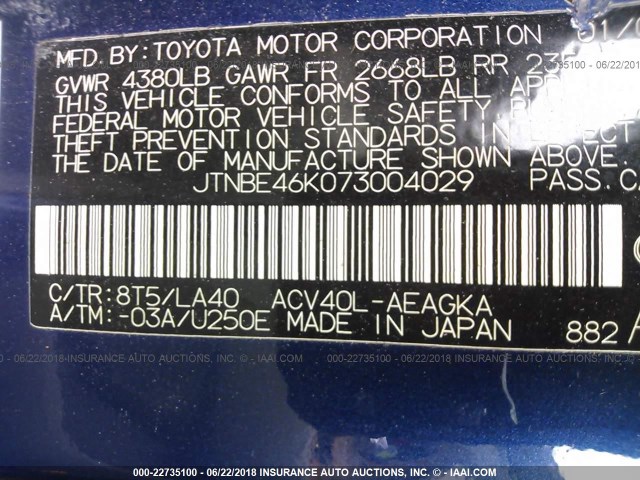 JTNBE46K073004029 - 2007 TOYOTA CAMRY NEW GENERAT CE/LE/XLE/SE BLUE photo 9