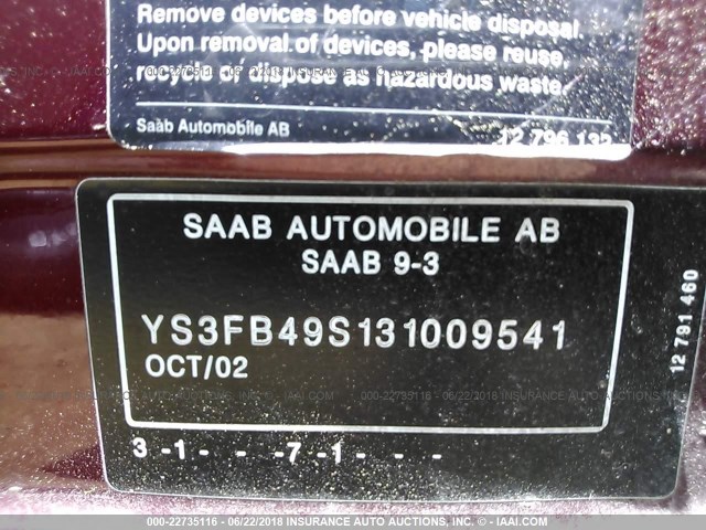 YS3FB49S131009541 - 2003 SAAB 9-3 LINEAR MAROON photo 9