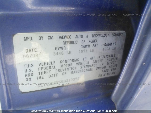 KL1TD66E69B319371 - 2009 CHEVROLET AVEO LS/LT 蓝色 照片 9