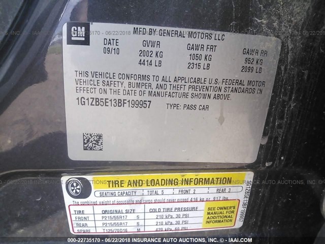 1G1ZB5E13BF199957 - 2011 CHEVROLET MALIBU LS 灰色 照片 9