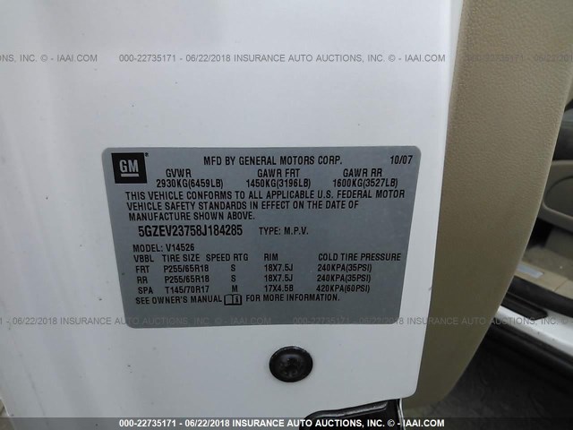 5GZEV23758J184285 - 2008 SATURN OUTLOOK XR თეთრი ფოტო 9