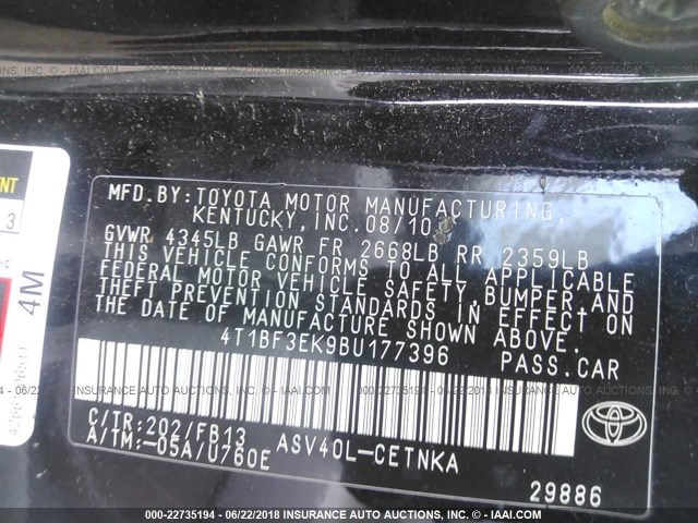 4T1BF3EK9BU177396 - 2011 TOYOTA CAMRY SE/LE/XLE BLACK photo 9