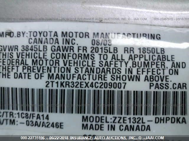 2T1KR32EX4C209007 - 2004 TOYOTA COROLLA MATRIX XR SILVER photo 9