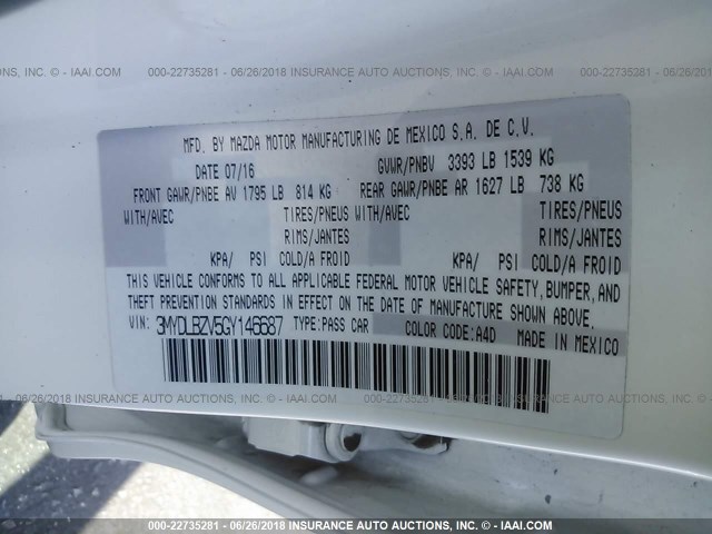 3MYDLBZV5GY146687 - 2016 TOYOTA SCION IA WHITE photo 9