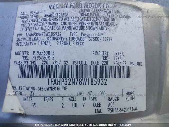 1FAHP32N78W185932 - 2008 FORD FOCUS S/SE SILVER photo 9