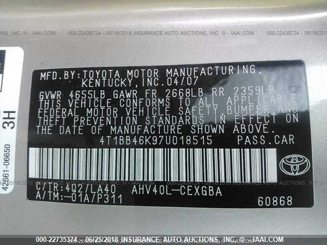 4T1BB46K97U018515 - 2007 TOYOTA CAMRY NEW GENERAT HYBRID GOLD photo 9