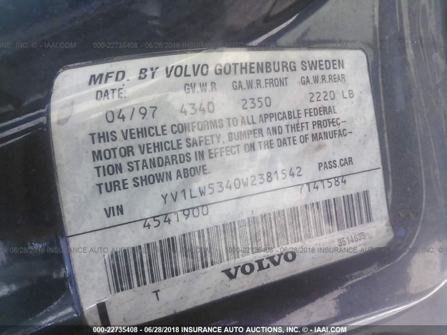 YV1LW5340W2381542 - 1998 VOLVO V70 T5 TURBO BLUE photo 9