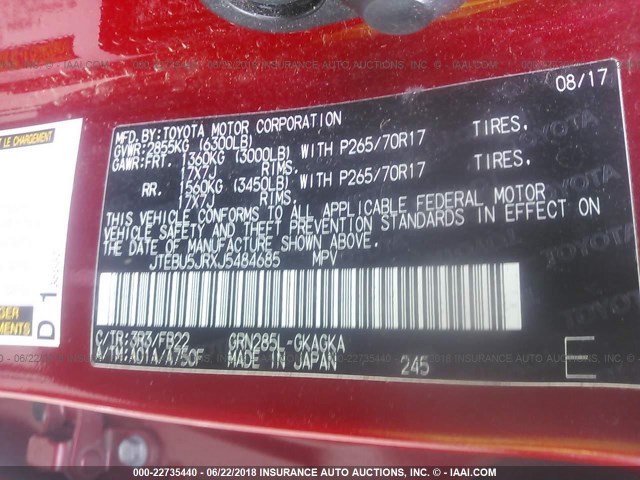 JTEBU5JRXJ5484685 - 2018 TOYOTA 4RUNNER SR5 PREM/LTDL/TRAIL/TRD RED photo 9