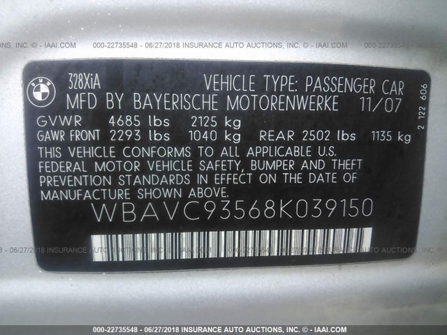 WBAVC93568K039150 - 2008 BMW 328 XI SILVER photo 9