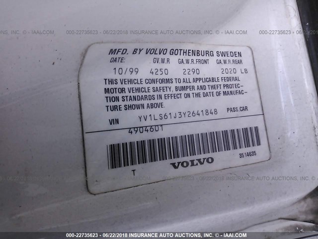 YV1LS61J3Y2641848 - 2000 VOLVO S70 SE WHITE photo 9