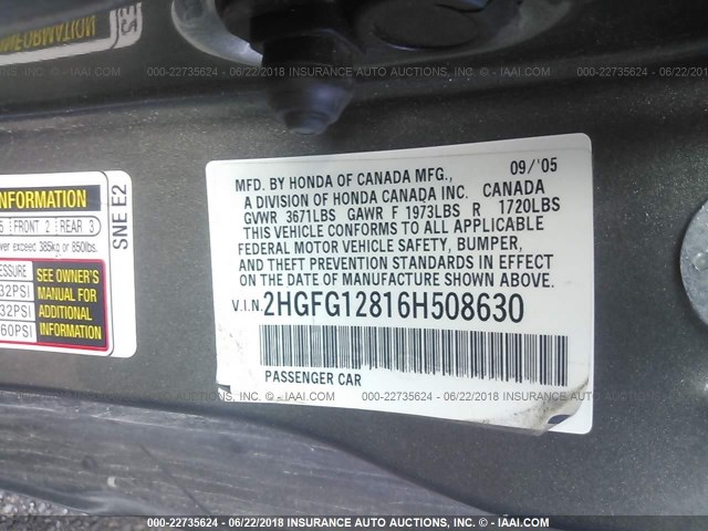 2HGFG12816H508630 - 2006 HONDA CIVIC EX ნაცრისფერი ფოტო 9