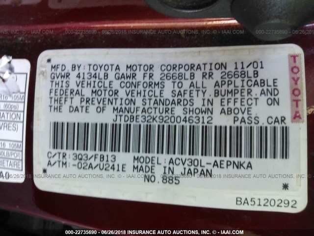 JTDBE32K920046312 - 2002 TOYOTA CAMRY LE/XLE/SE Qırmızı foto 9