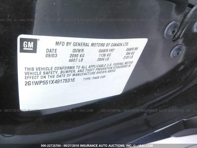 2G1WP551X49175316 - 2004 CHEVROLET IMPALA SS BLACK photo 9