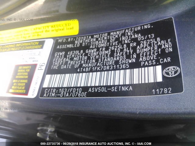 4T4BF1FK7DR311365 - 2013 TOYOTA CAMRY L/SE/LE/XLE GRAY photo 9