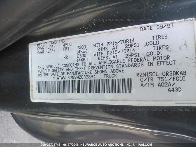 4TAVL52N3WZ039894 - 1998 TOYOTA TACOMA XTRACAB GRAY photo 9