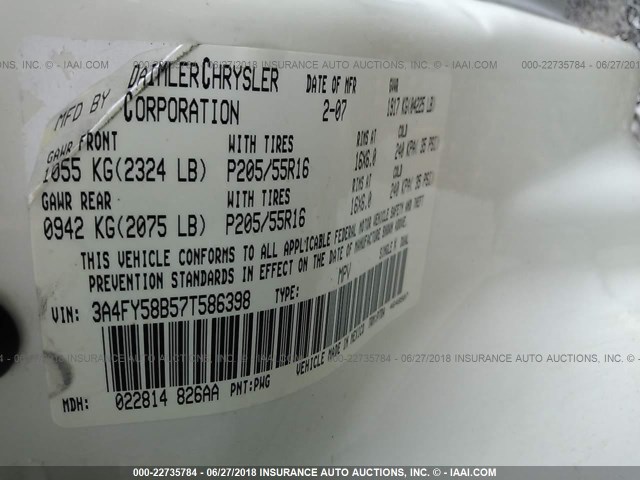 3A4FY58B57T586398 - 2007 CHRYSLER PT CRUISER TOURING WHITE photo 9