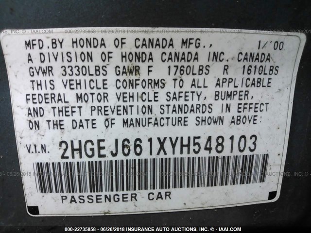 2HGEJ661XYH548103 - 2000 HONDA CIVIC SE BLUE photo 9