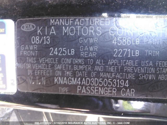 KNAGM4AD3D5053194 - 2013 KIA OPTIMA HYBRID BLACK photo 9