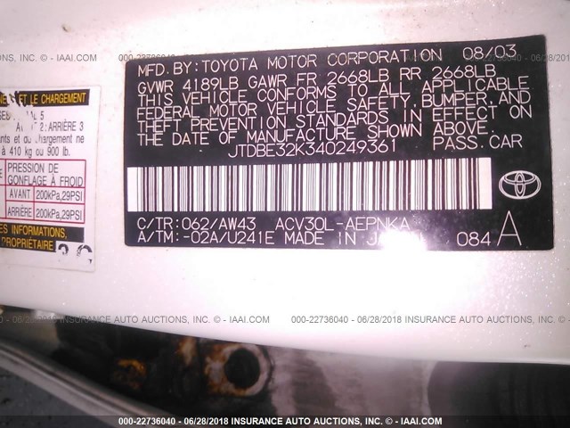 JTDBE32K340249361 - 2004 TOYOTA CAMRY LE/XLE WHITE photo 9
